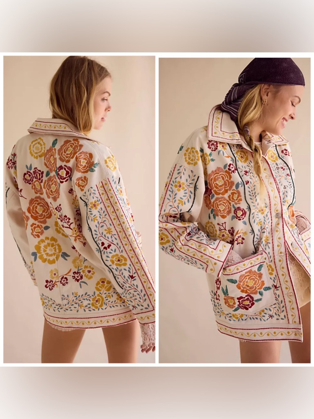 Free People Avery Embellished Jacket Denim Beaded Floral Embroidered XS Artsy